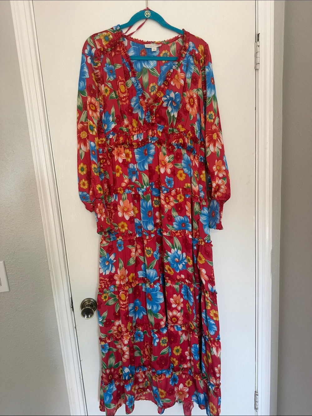 Red Floral Tiered Maxi Dress with Blue & Yellow Blooms